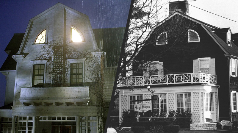 Une scène du film The Amityville Horror et une photo de la véritable maison d'Amityville